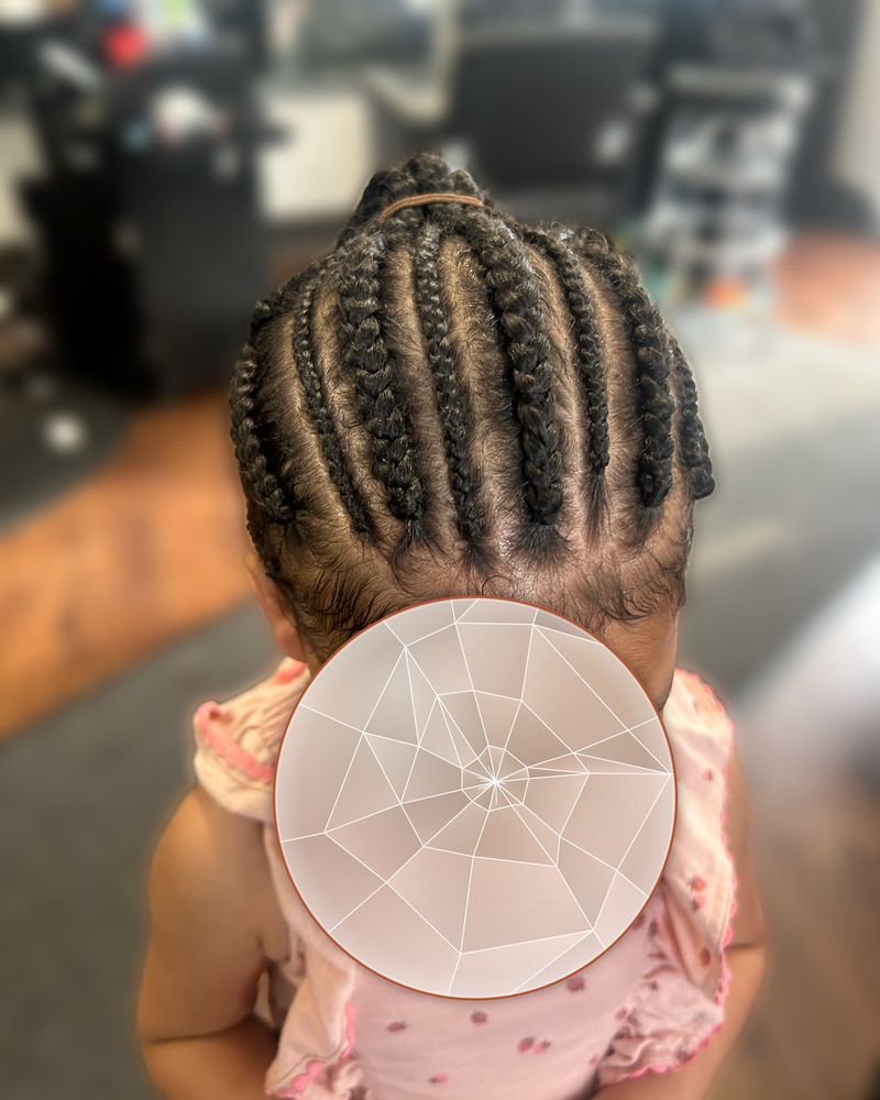 Child's straight-back cornrows gathered into a high ponytail