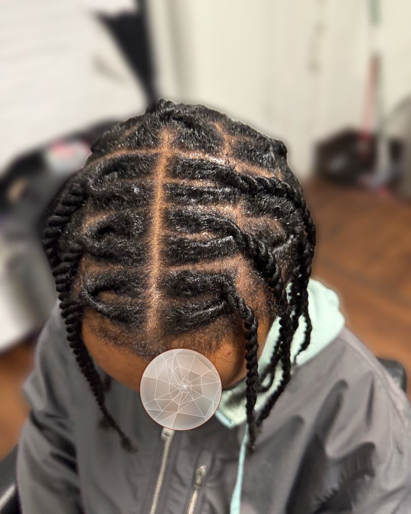 Men's two-strand twists on square parts, seen from above