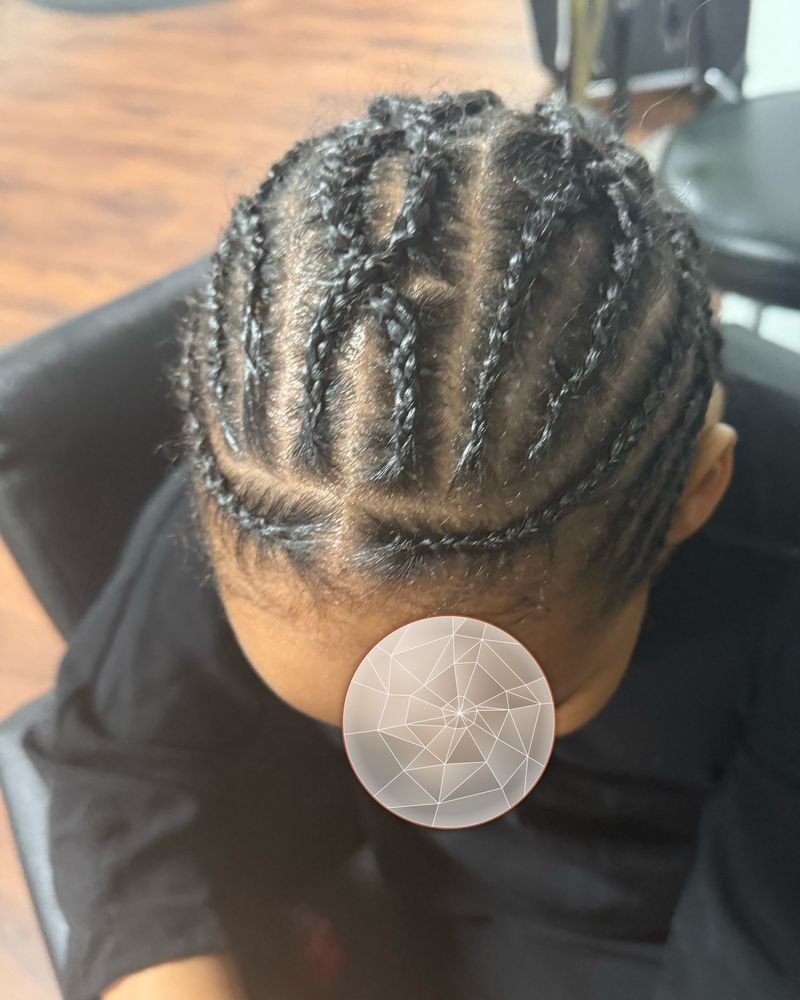 Men's straight-back cornrows with neat parts, seen from above