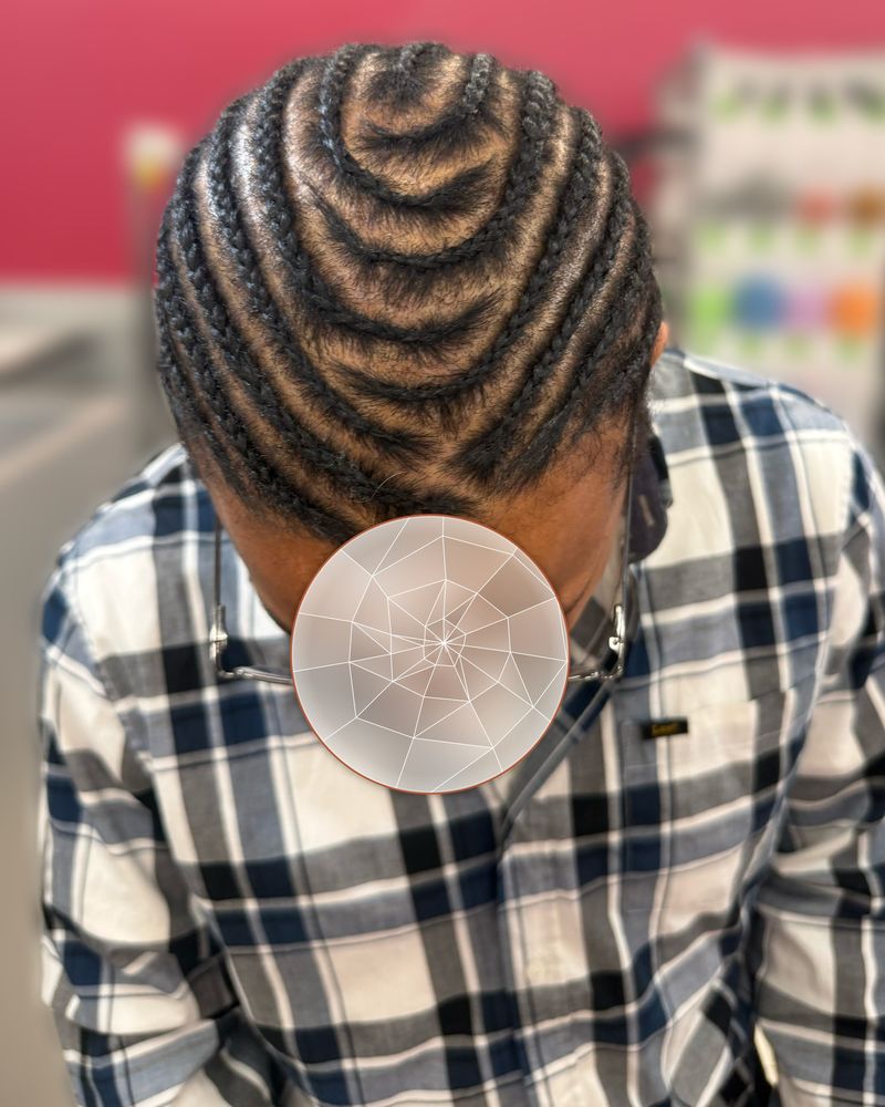 Men's curved cornrows in a V-shaped design