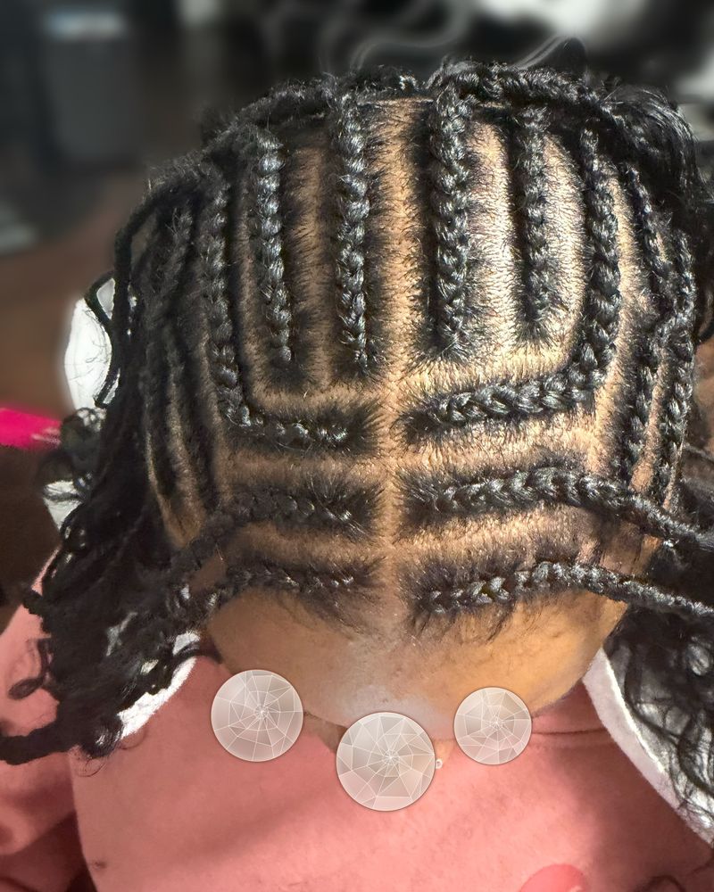 Geometric cornrow pattern with long curly boho braids
