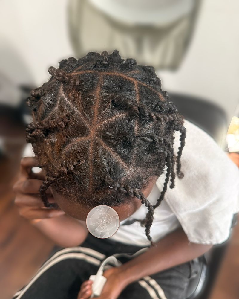 Men's two-strand twists on triangle parts, seen from above