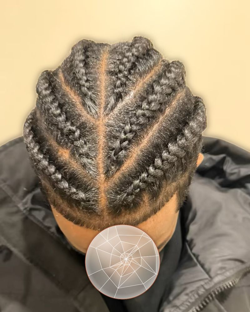 Men's cornrows angled back from a center part, seen from above
